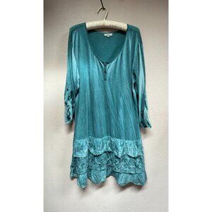 Namsar Womens V-Neck Roll-Tab Sleeve Ruffle Hem Dress One Size Green Stretch